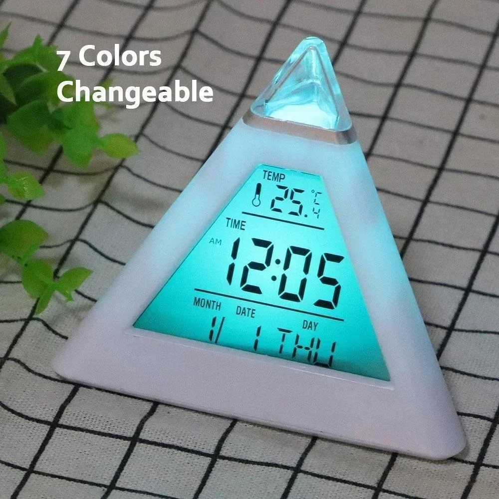 Pyramid Shape Multifunction LED Backlight Digital Display Time Thermometer Calendar Alarm Clock Table Desk Clock D260318