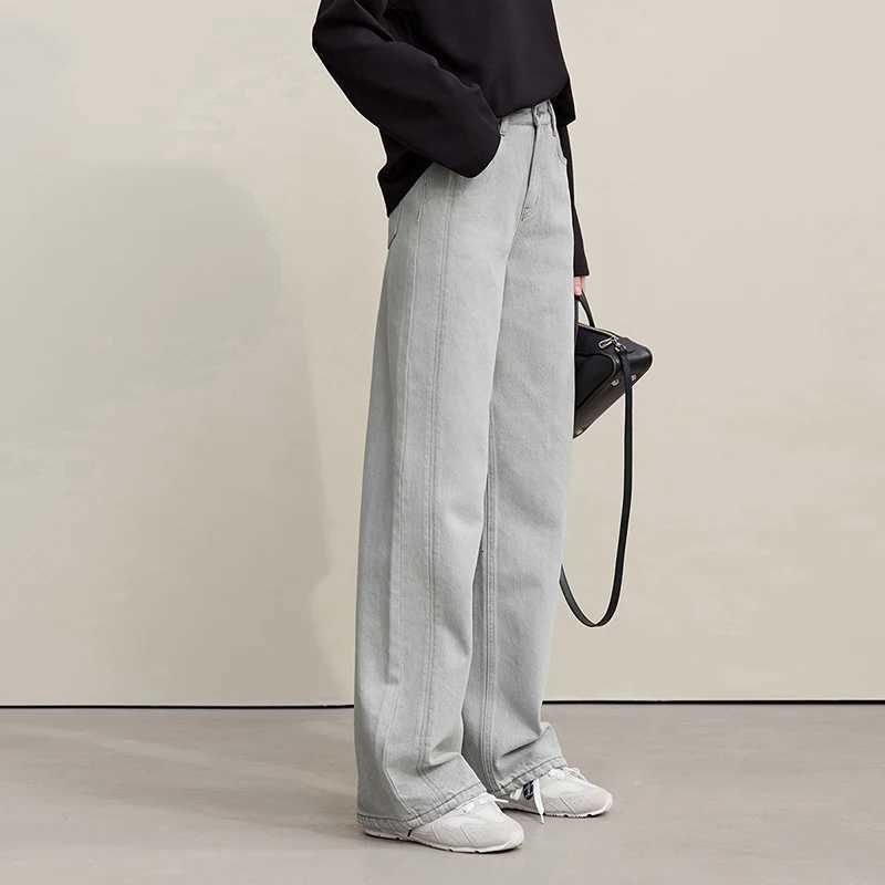Amii Womens Jeans 2026 Spring New Casual Solid Color Cotton Straight Womens Pants Versatile Long Denim Trousers 12621038T260317