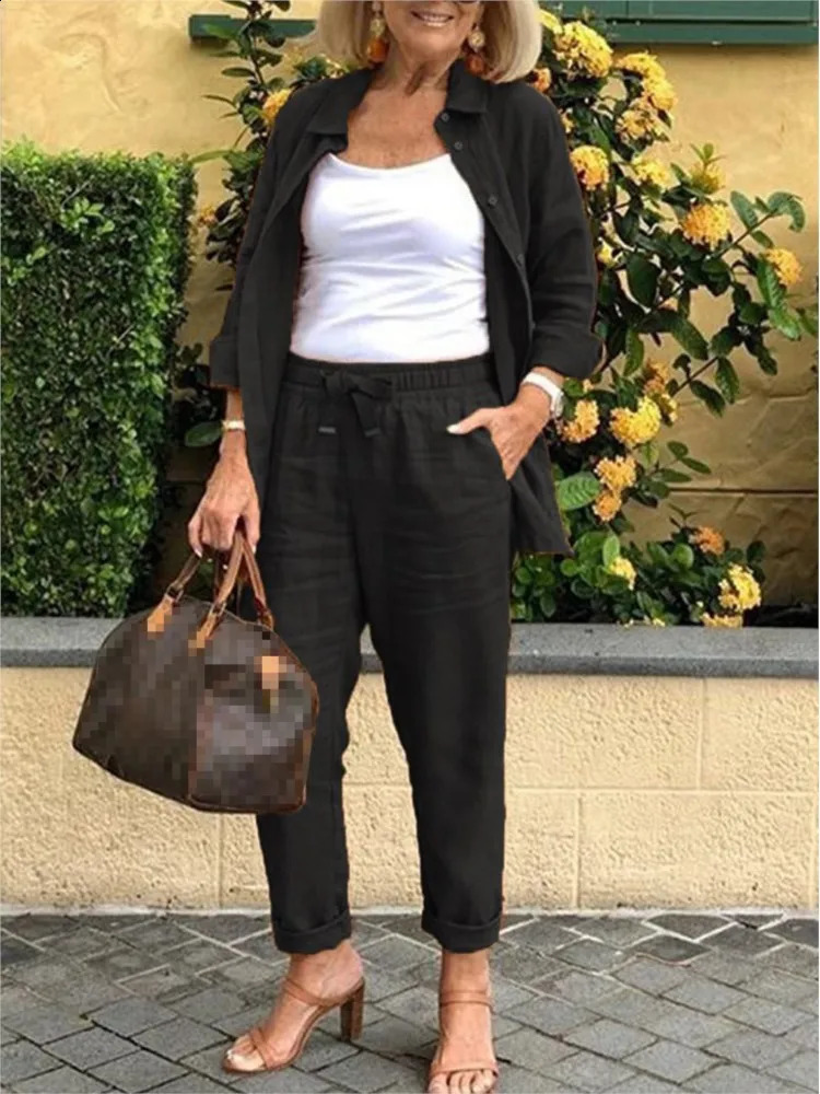 Autumn Spring Casual Suit Women Cotton Linen 2 Piece Set Solid Color Loose Button Shirt Pants Sets Daily Womens Clothing 260316
