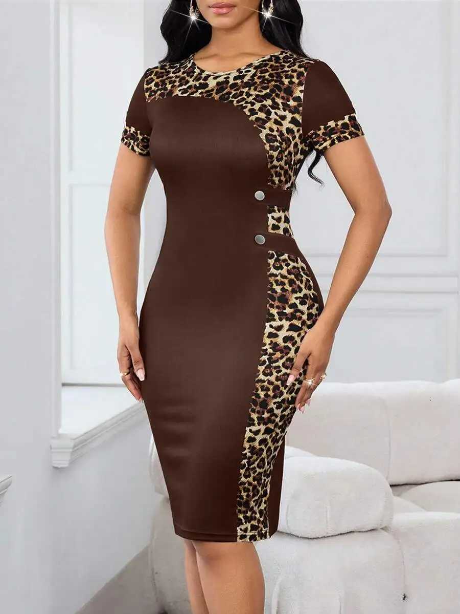 Brown Leopard Print Round Neck Fitted Midi Dress with Button DetailXJ260318