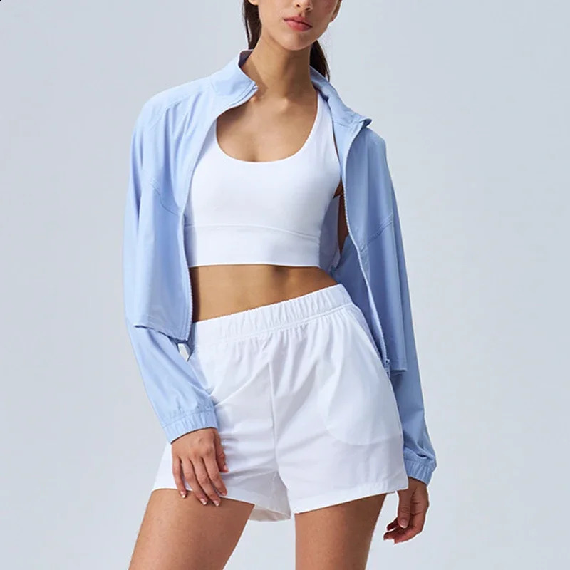 Womens Athletic Workout Running Track Full Zip Cropped Jackets UPF 50 Sun Protection Long Sleeve Shirts Yoga Gym Top 260318