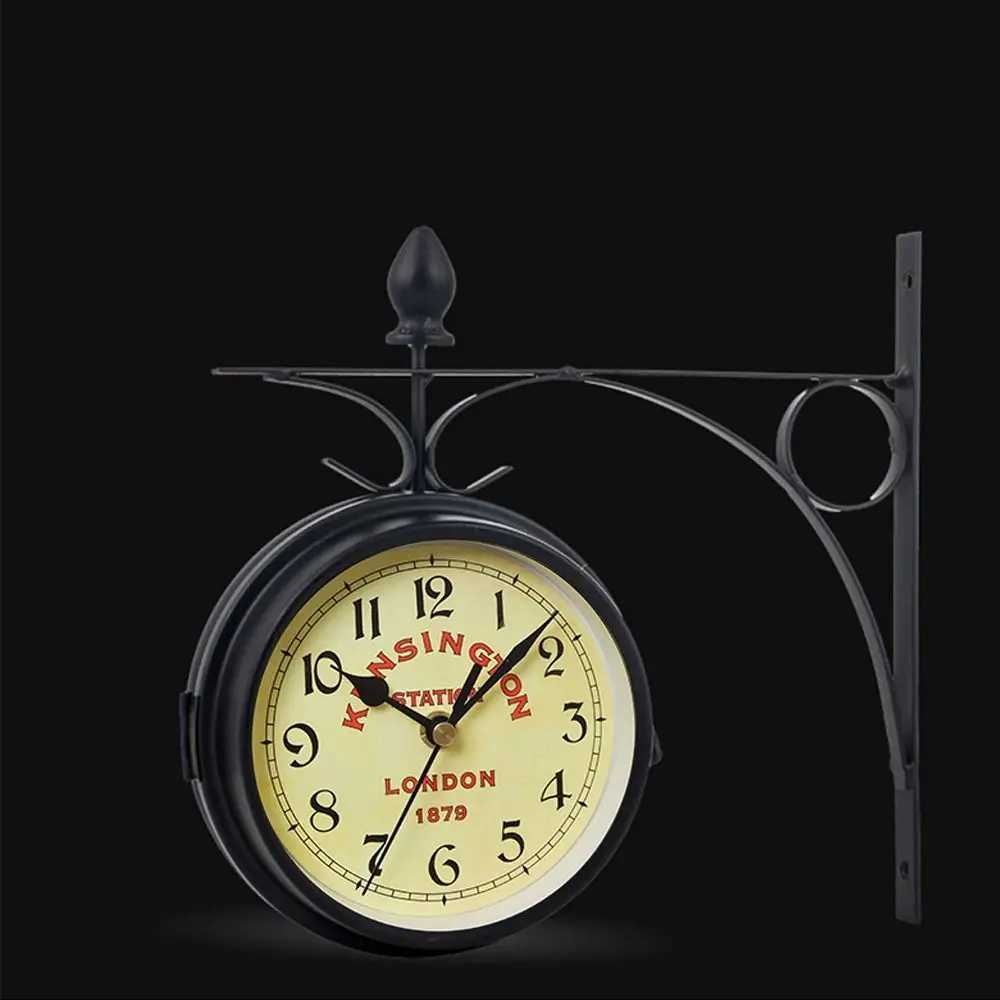 Double Sided Wall Clock High Quality Durable Retro Metal Clock Home Decor Garden Decoration Train Station D260318
