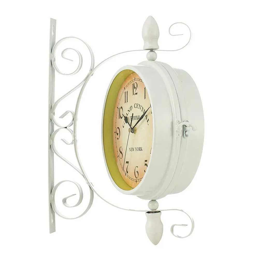 Double Sided Train Station Waterproof Wall Clock White for Garden Retro Wrought Metal Wall Clock Silent Indoor Outdoor Decor D260318