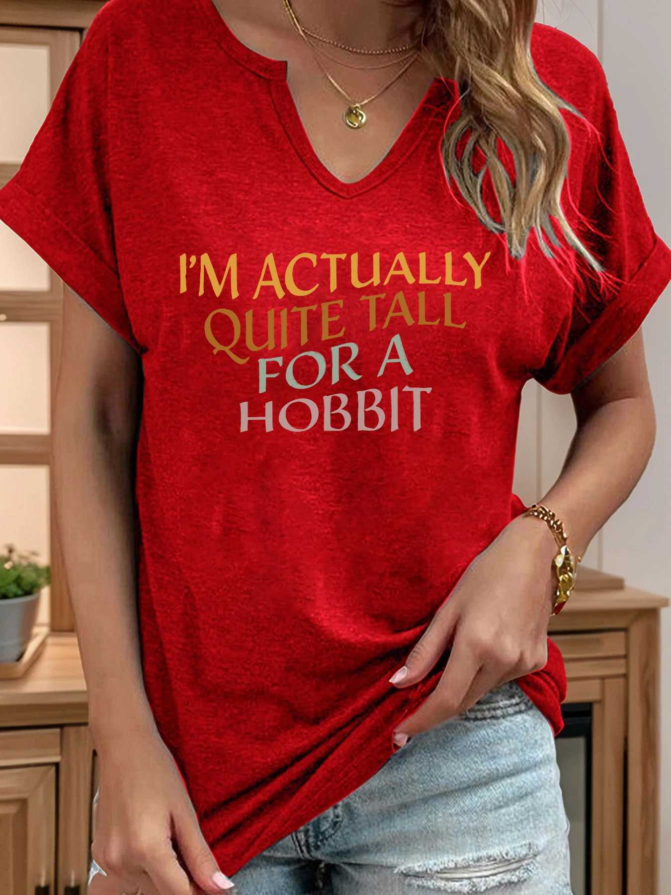 Im Actually Quite Tall for A Hobbit Letter Print Women T Shirt Short Roll-up Sleeve V-Neck Summer Casual Top T-shirts for WomenT260317