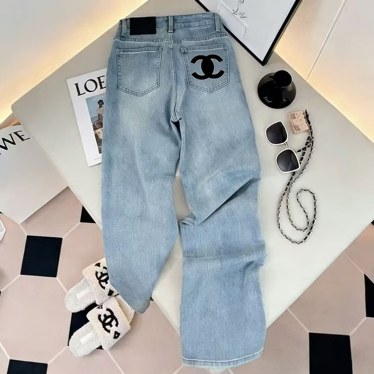 Women's High Waisted Vintage Light Wash Straight Leg Jeans Stretch Denim Pants with L Style Back Pocket Print Casual Streetwear for Daily Commute Weekend Shopping