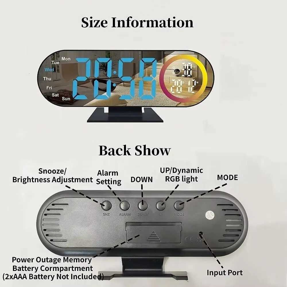 Brightness Adjustment Digital Alarm Clock Voice Control 12/24H Format LED Mirror Clock 2 Alarms with RGB Mood Light D260318