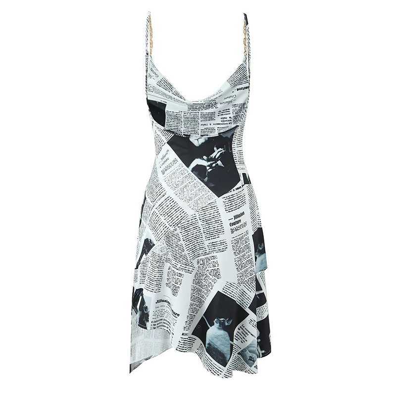 YENKYE New Women Newspaper Letter Print Irregular Hem Sling Dresses Fashion Backless Thin Straps With Chain Summer Sexy Dress L260305 - view 3