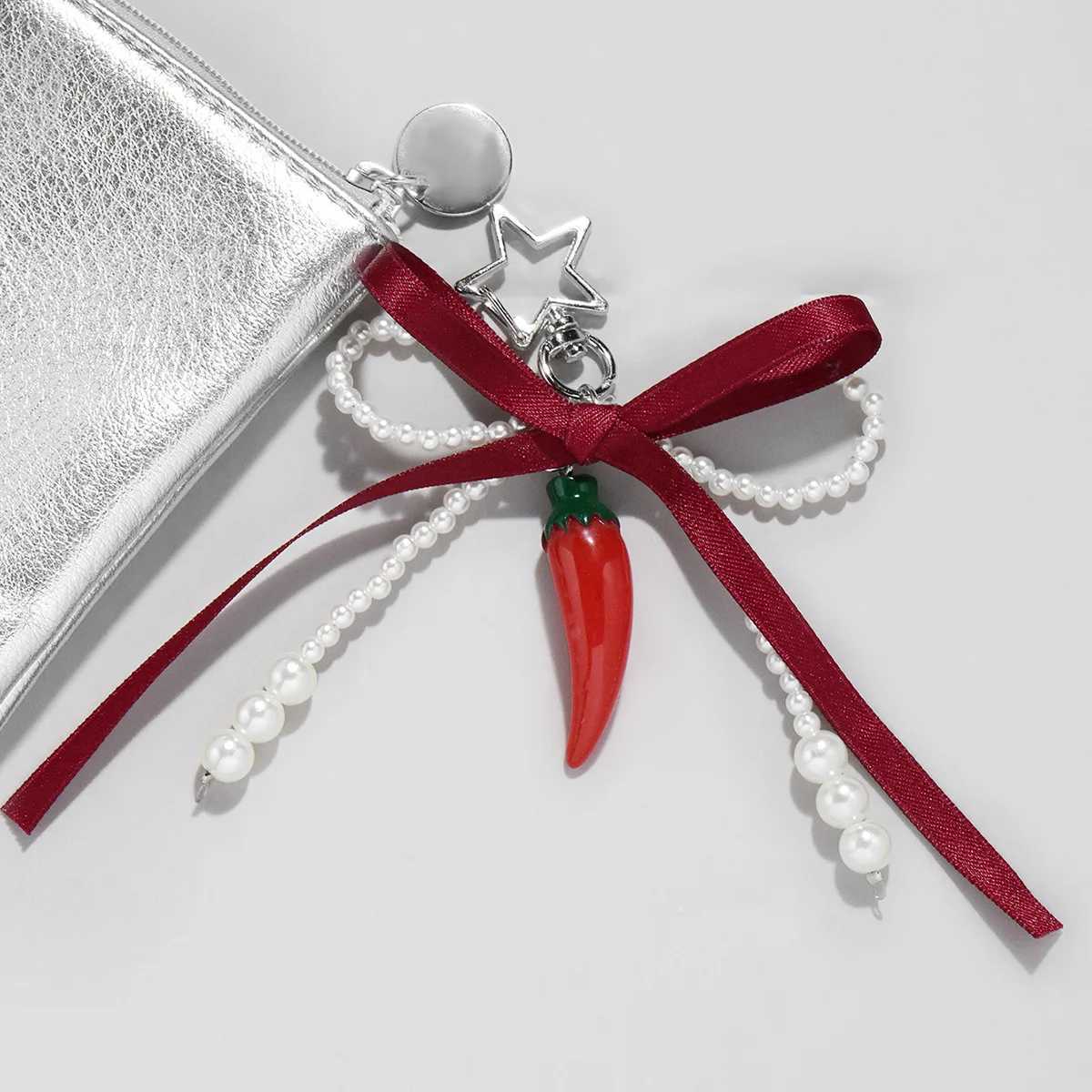 Wine Red Ribbon Cherry Pendants Keychain Women Sweet White Pearl Bow Backpack Key Ring Jewelry Bags Decoration Friendship Gifts H260318 - view 5