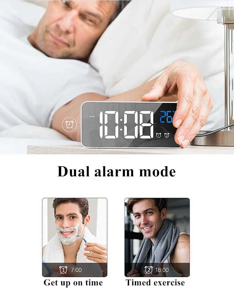 Voice Control Digital Alarm Clock TEMP 2 Alarms Snooze Night Mode Table Clock Power Switch 12/24H Rechargeable Music LED Clock D260318