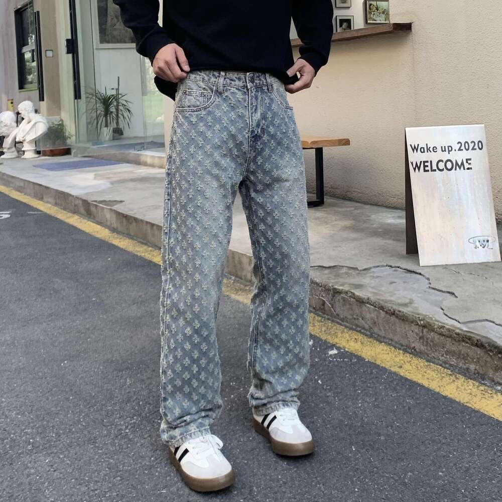 American-Style Jacquard Full-Print Jeans For Men, Summer Trendy Brand, Loose Straight-Leg Washed Casual Pants, Men's Thin Clothing
