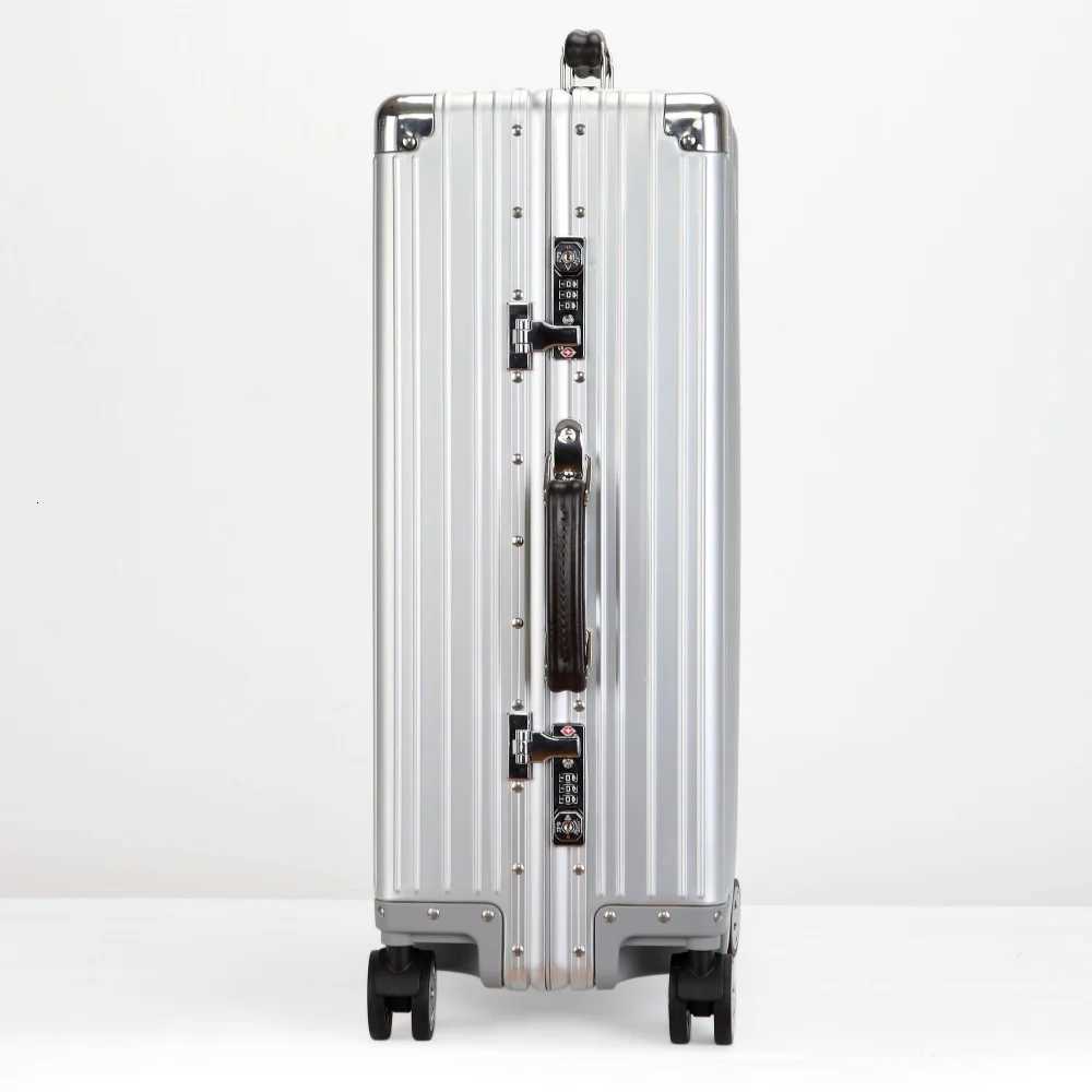 Top Quality Aluminum-Magnesium Alloy Vintage Suitcase 20/24/26/29 Inch Lightweight Travel Trolley Luggage With Leather Handle H260316