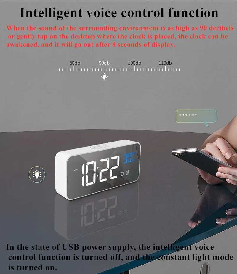 Voice Control Digital Alarm Clock TEMP 2 Alarms Snooze Night Mode Table Clock Power Switch 12/24H Rechargeable Music LED Clock D260318