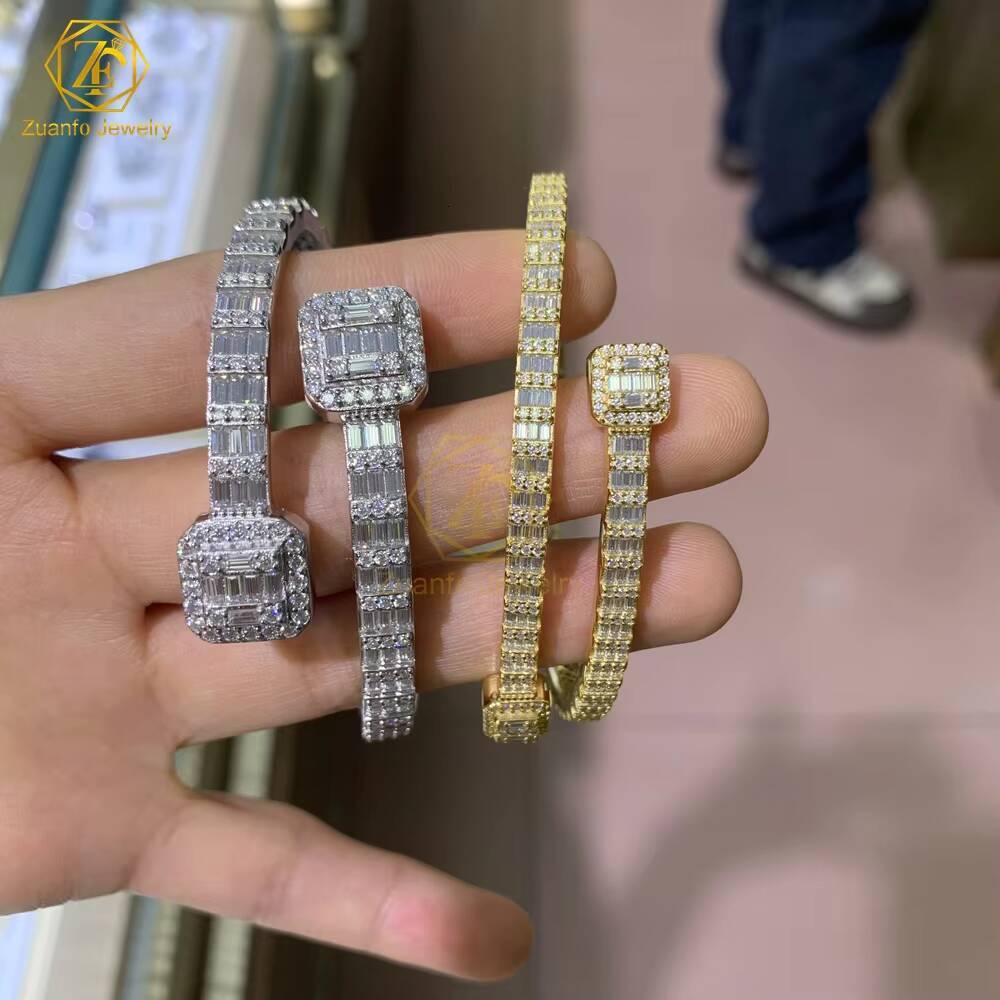 Fine Jewelry Sterling Silver 925 Fashion Iced Out VVS Baguette Moissanite Cuban Link Diamond Bracelet Bangles