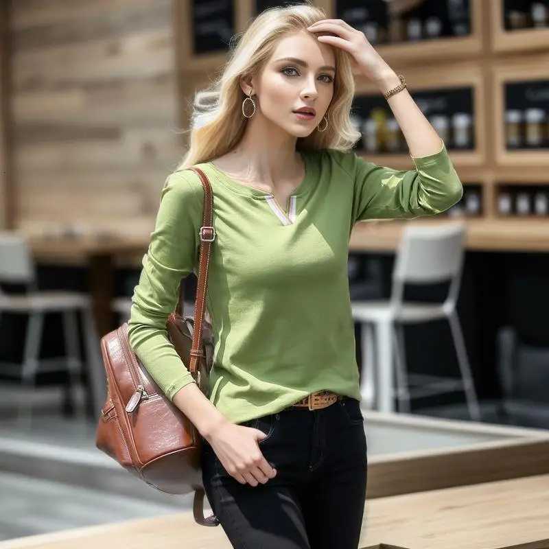 2024 V Neck 100 Cotton T Shirt Women Autumn Fashion Long-Sleeve Tops Womens Plus Size T-shirt Loose Korean Style Female BlouseT260317