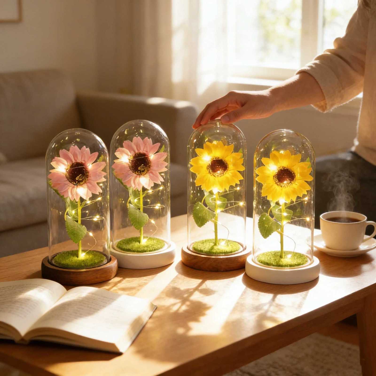 Sunflowers Artificial Flowers in Plastic Dome with LED Strip Birthday Gifts for Mom Grandma Sunflower Decor on Mothers Day H260318