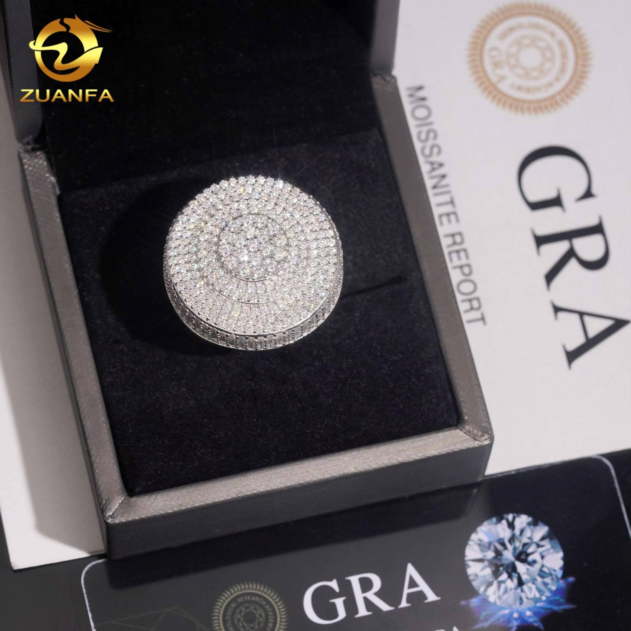 Ready to Ship Hip Hop Jewelry Iced Out Men Round Shape 925 Sterling Silver Moissanite Rings