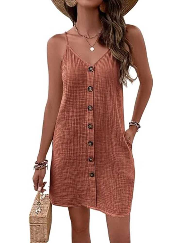 Womens Brown Textured Button Front Dress Spaghetti Straps Pockets Ideal for Summer Vacations Beach Outings Bohemian StylesXJ260318
