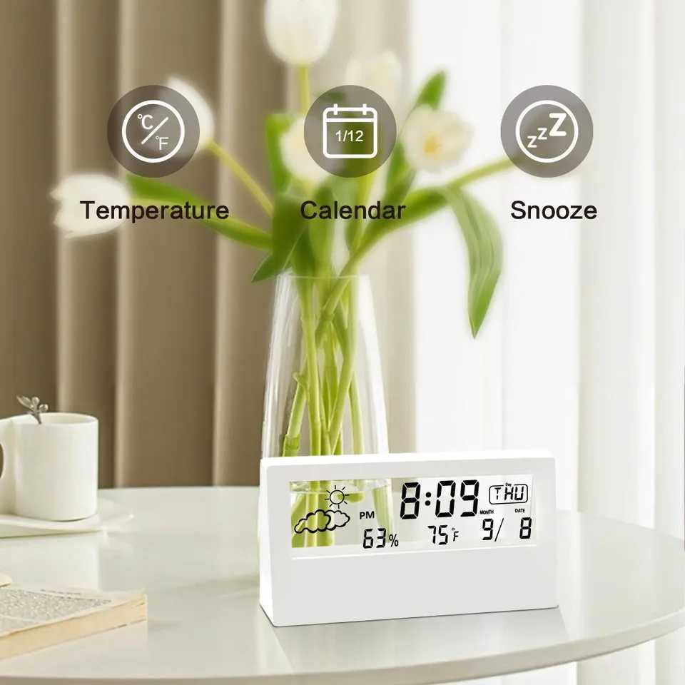 Electronic Alarm Clock Weather Station With Temperature Humidity Monitor Quiet Night Light Desk Clock For Home D260318