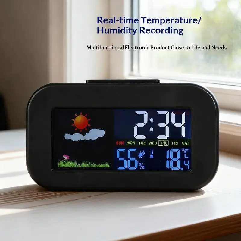 Desktop Environment Monitor - Smart Weather Clock with Color Screen Tracks Temperature Humidity Backlit Display for Bedroom D260318