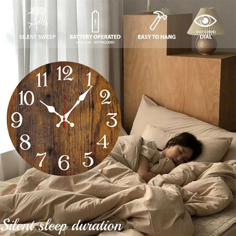 Rustic Brown Wooden Round Silent Hanging Wall Clock Suitable For Living Room Office Study Room Bedroom Home Decoration D260318