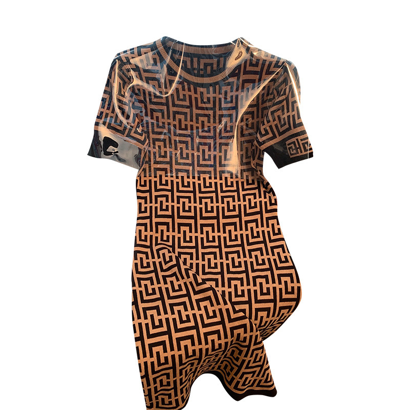 Luxury Brand Designer Clothes Little Style Jacquard Ice Silk Knitted Dress For Women Summer New Korean Version Slim Waist Slimming Bodycon Mid-Length 