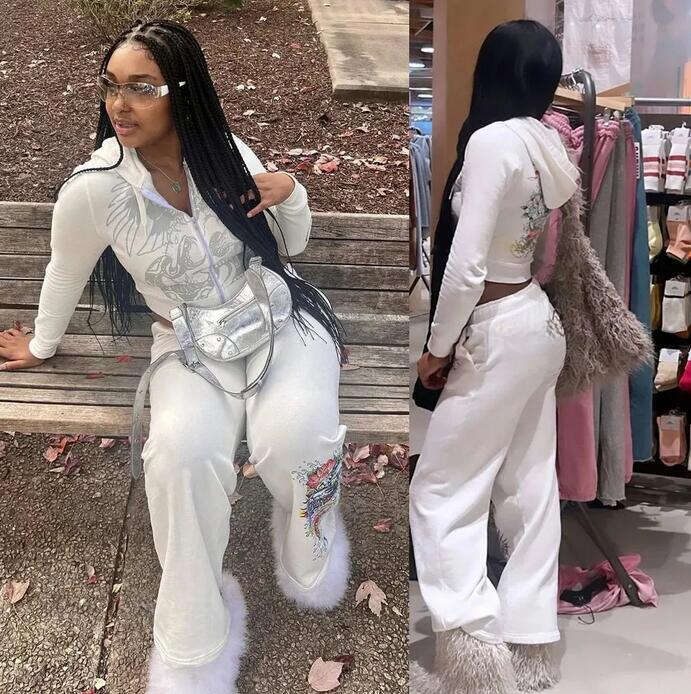 Ed tracksuit Women Tracksuits Two Piece Set Outfits Ed Strapless Casual Printed Pants Y2k Straight Trousers Street ZipperHooded Dab 13B