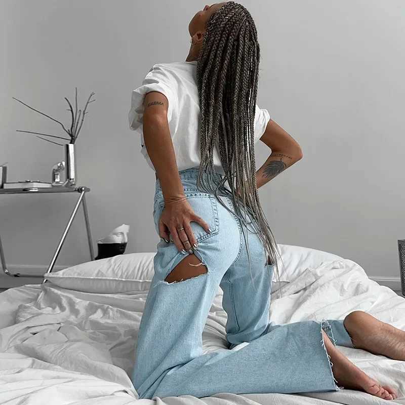 DRC Female Fashion All-match Denim Trousers Spring 2024 New Simple Casual All-match Slim Hot Girl Ripped JeansT260317