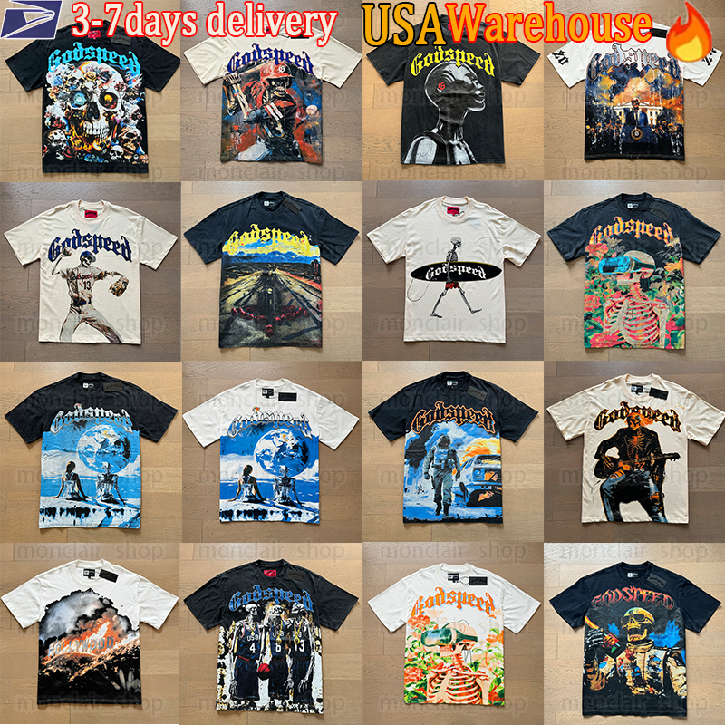 godspeed designer t shirt classic graphic tee mens shirt Vintage printed skull short sleeve wash water to make old cotton short sleeve top quality