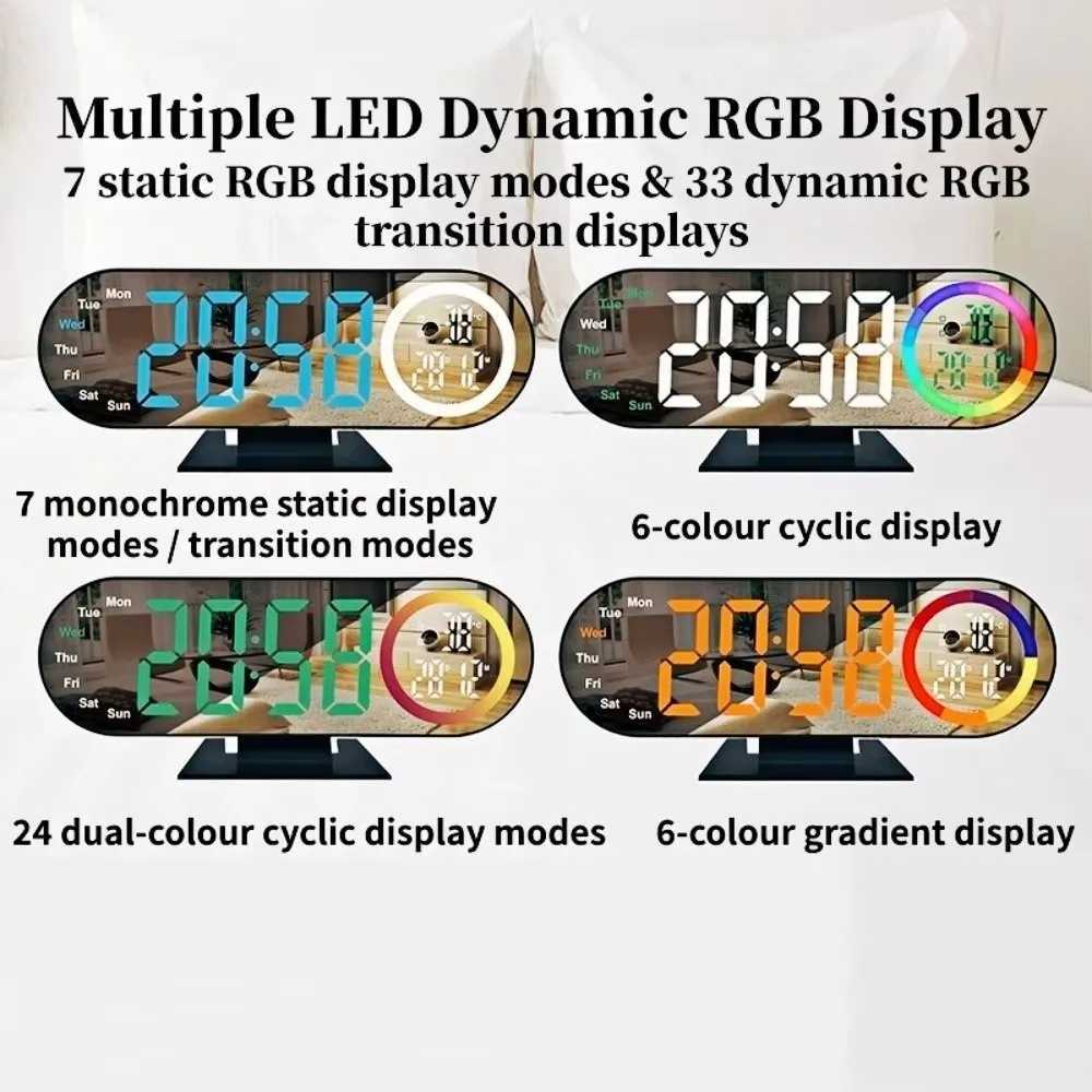 Brightness Adjustment Digital Alarm Clock Voice Control 12/24H Format LED Mirror Clock 2 Alarms with RGB Mood Light D260318