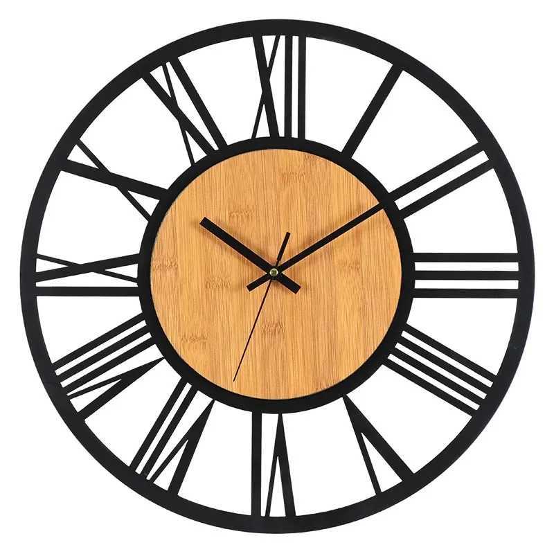 3D Large Wall Clocks Nordic Roman Numerals Retro Round Wood Metal Iron Accurate Silent Hanging Ornament Living Room Decoration D260318