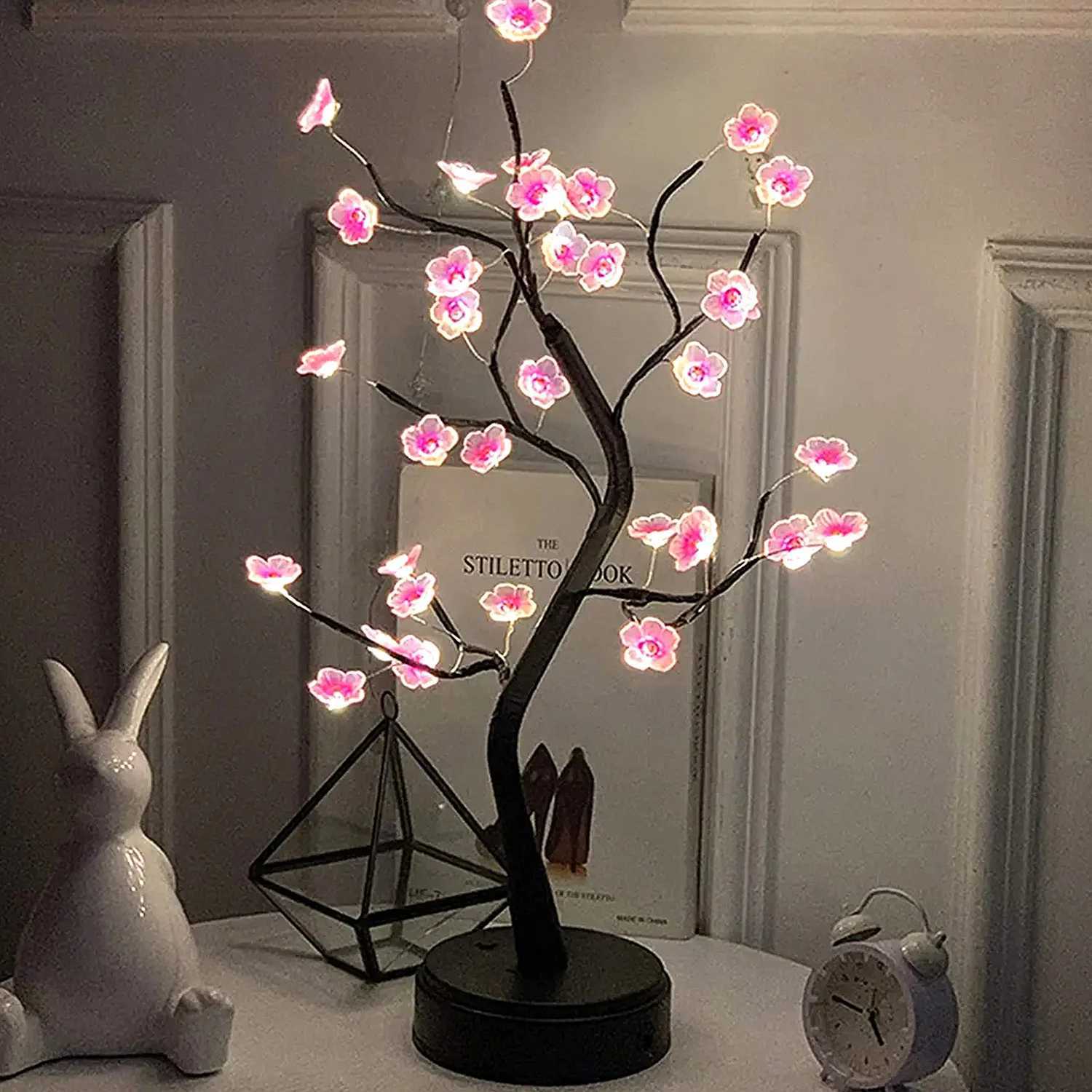 Table Pink Flower Night Light USB Battery Touch Switch Artificial Bonsai Cherry Blossom Desktop Tree LED Lamp Light Decoration H260318