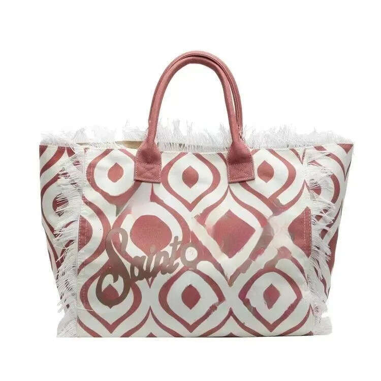 Designer Bag 2025 Popular Fashion Model European And American New Women's Large Capacity Casual Beach Canvas Striped Tassel Handheld Tote Bag