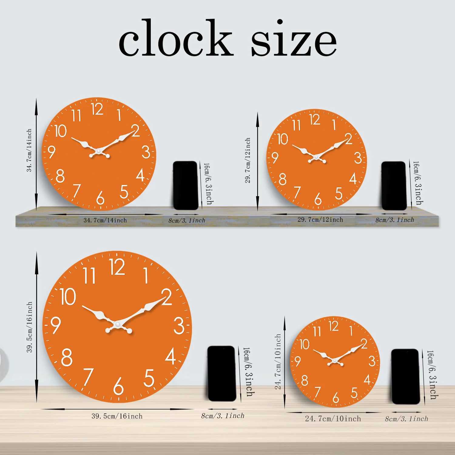 Modern Minimalist Orange Wooden Wall Clock for Living Room Bedroom Kitchen Home Decoration Silent Quartz Clock Holiday Gift 10 Inches 12 Inches No Bat