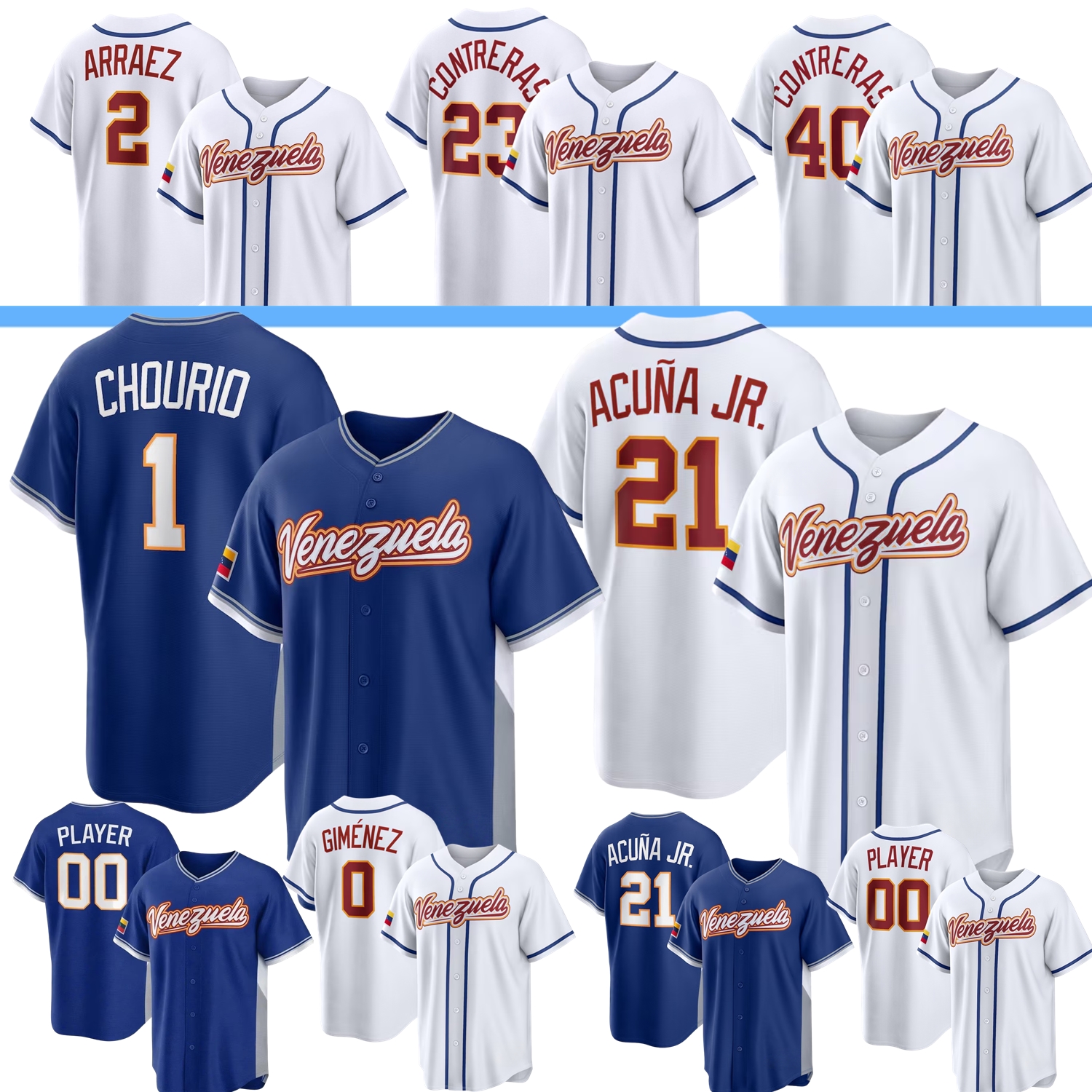 Venezuela Baseball Jerseys WBC World Classical #21 Ronald Acuna Jr. Jackson Chourio Luis Arraez Salvador Perez Contreras Cabrera Suarez Garcia Tovar Abreu Rodriguez
