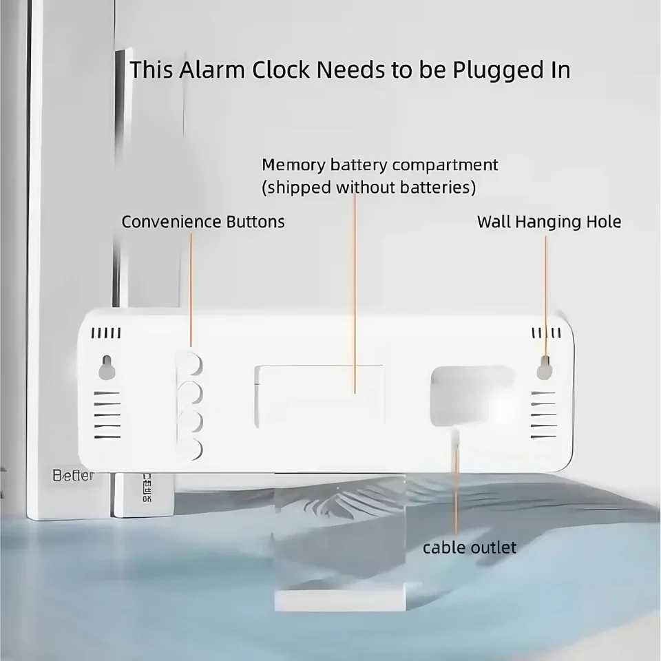 LED Digital WallDesk Alarm Clock 12/24h/3 levels Dimming/Date/Day of Week/Temp DisplayBattery or USB Powered for HomeOffice D260318