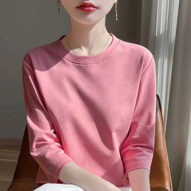 Summer Cotton Short-Sleeved T-Shirt Womens Round Neck Seven-Point Sleeves Loose Mercerized Cotton Half-Sleeve Shirt New T-shirtT260317