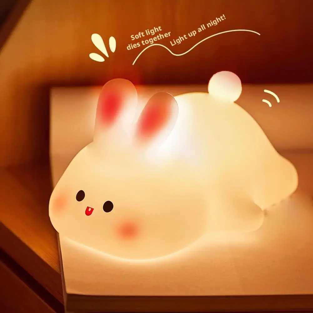 Cute Big Face Rabbit Silicone Night Light - Touch Sensor LED Lamp With Timer-Rechargeable Tap Control LED Lamp For Kids Bedroom H260318