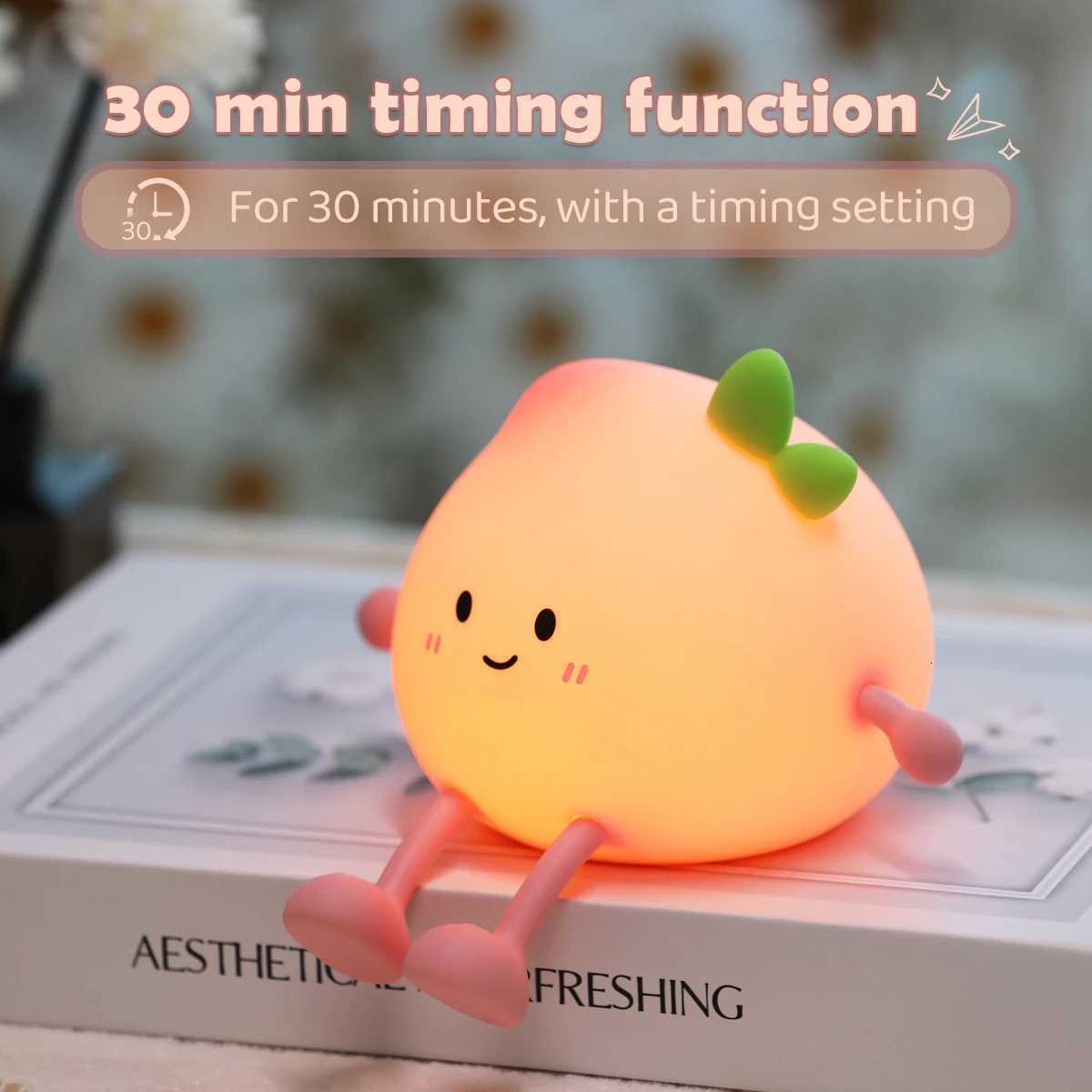 Night Light Rechargeable Cute Silicone Peach Shaped LED Nursery Nightlight Touch Control for Bedroom Living Room Kid Room Gift H260318