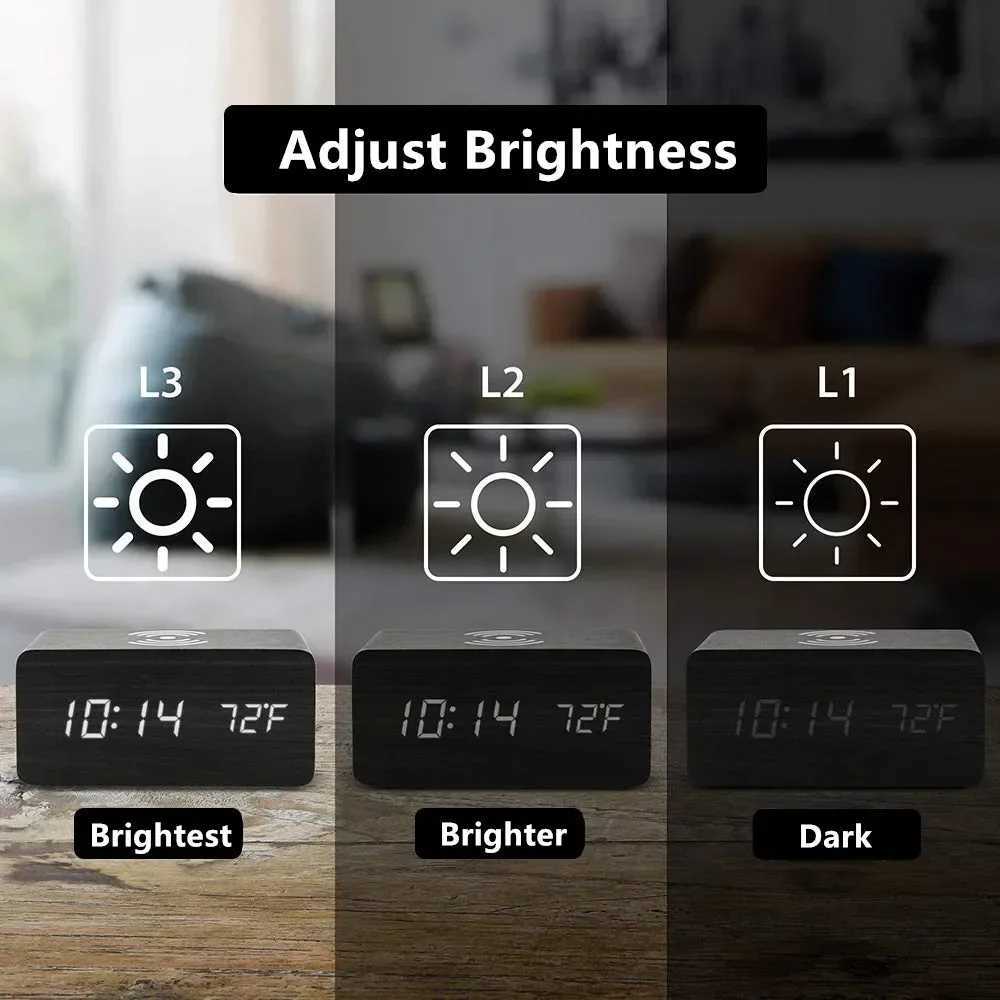 Alarm Clock LED Digital Wooden USB/AAA Powered Table Watch with Temperature Wireless Charging Electronic Desk Clocks D260318