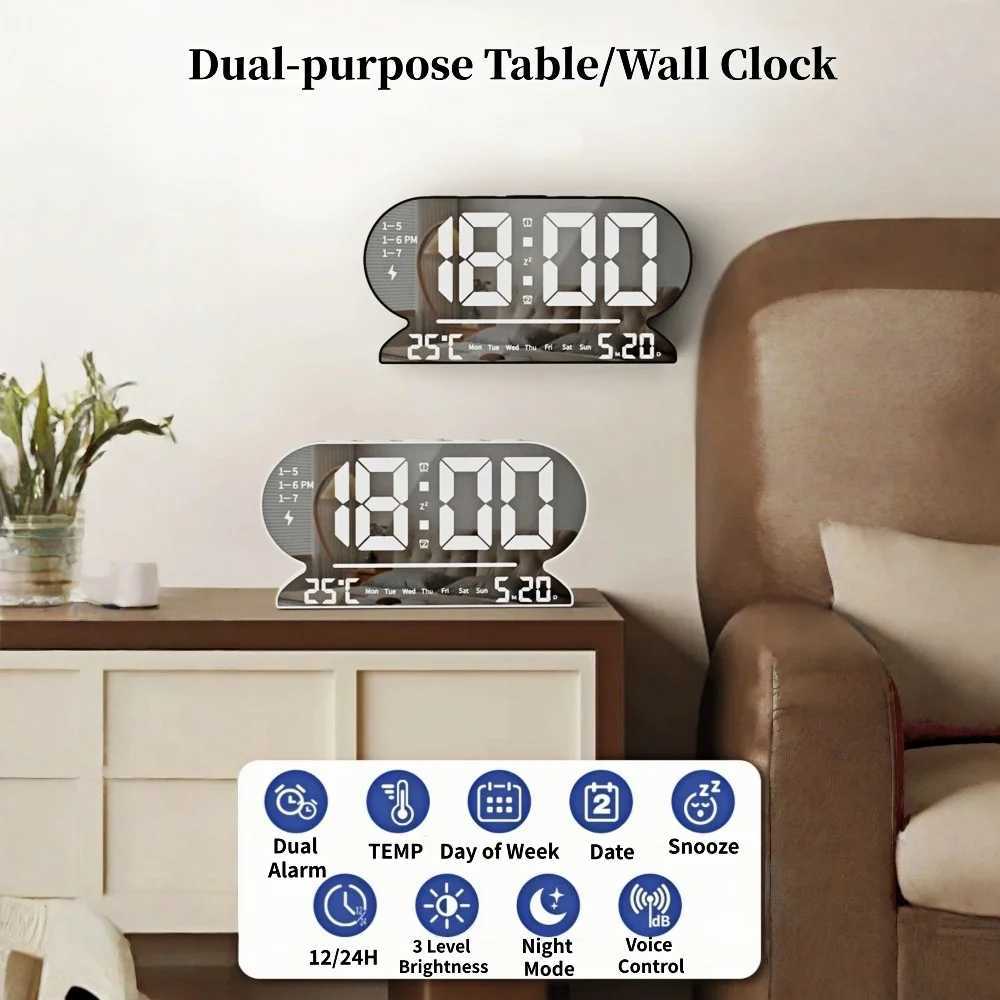 USB Powered Digital Alarm Clock TEMP Date Week 2 Alarm Night Mode Snooze Table Clock 3 Levels Brightness 12/24H LED Wall Clock D260318