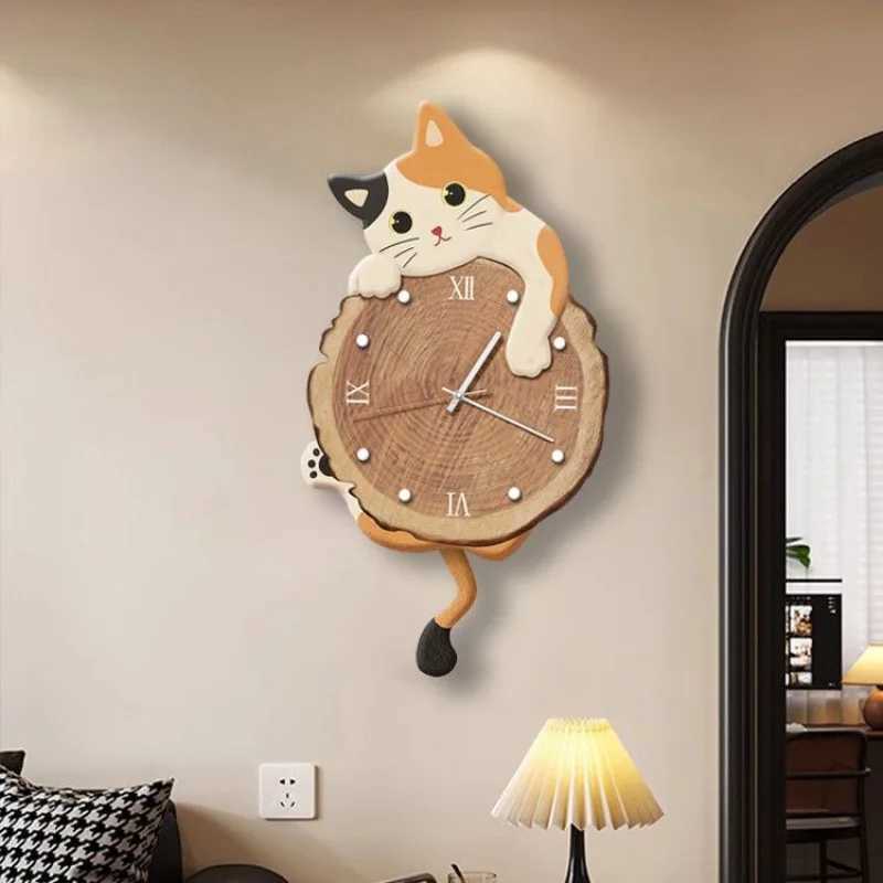 Cartoon Cat Wall Clock Creative Cat Tail Swing Wall Clock Quartz Mute Wall Clock Home Decoration Living Room Bedroom Decoration D260318