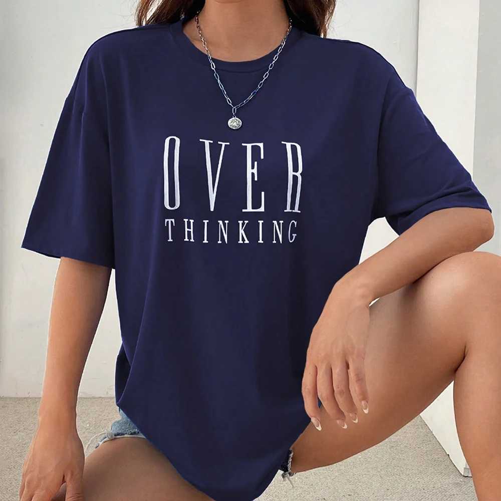 Over Thinking Letter Print Women Cotton Short Sleeve Breathable Vintage O-Neck Tops All-math Casual T-Shirts Female Tee ClothingT260317