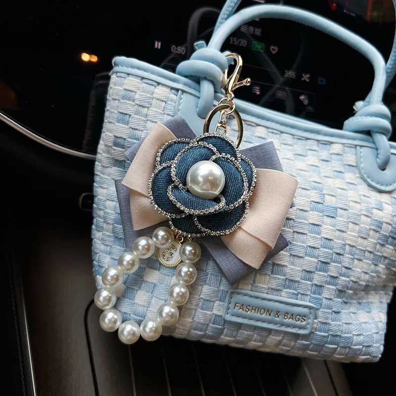 Elegant Denim Camellia Flowers Imitation Pearls Chain Keychain For Women Trinket Ring Car Bag Pendent Charm X426 H260318 - view 5