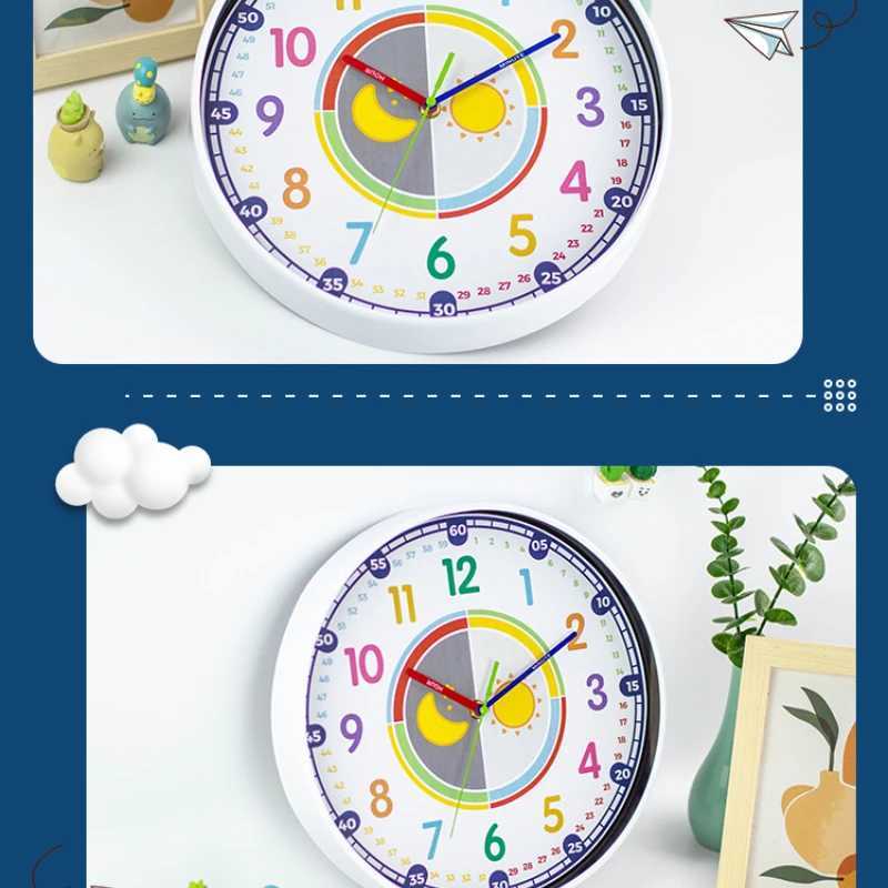 12 inch Silent Wall Clock Children Classrooms Teaching Clock Hanging Kids Room Non-Ticking Colorful Decorative Clock Home Decor D260318