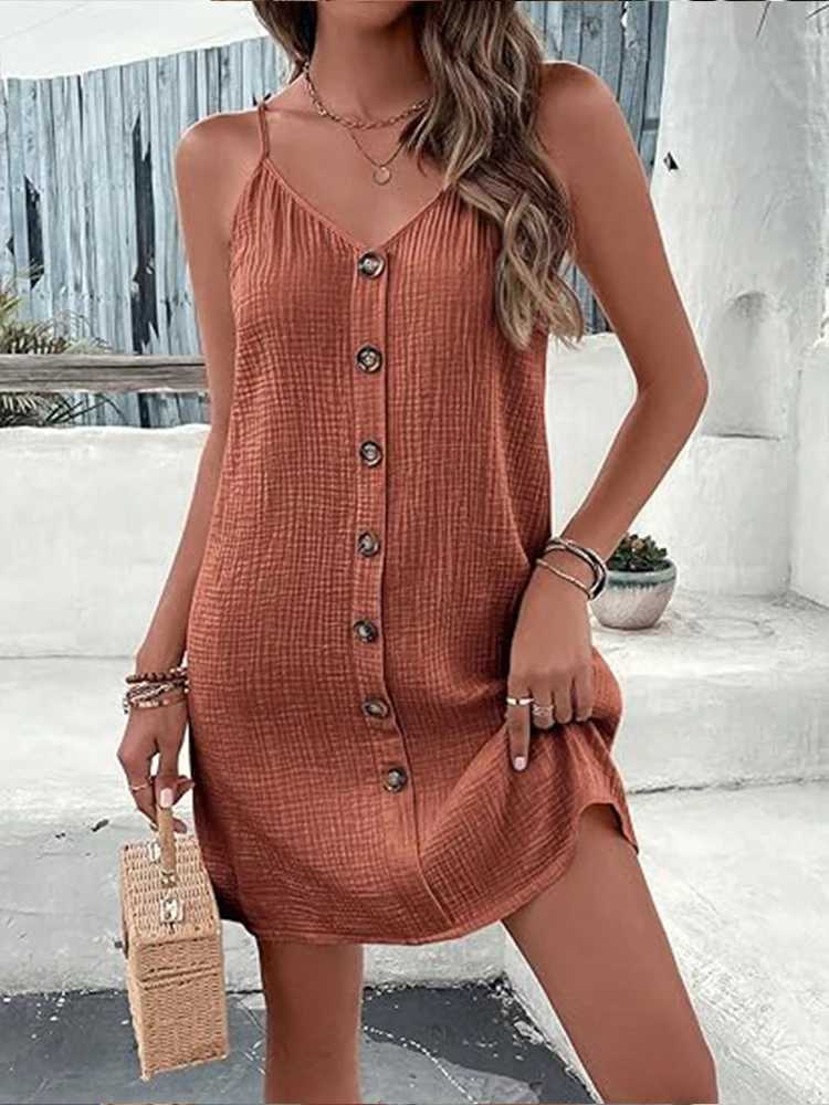 Womens Brown Textured Button Front Dress Spaghetti Straps Pockets Ideal for Summer Vacations Beach Outings Bohemian StylesXJ260318