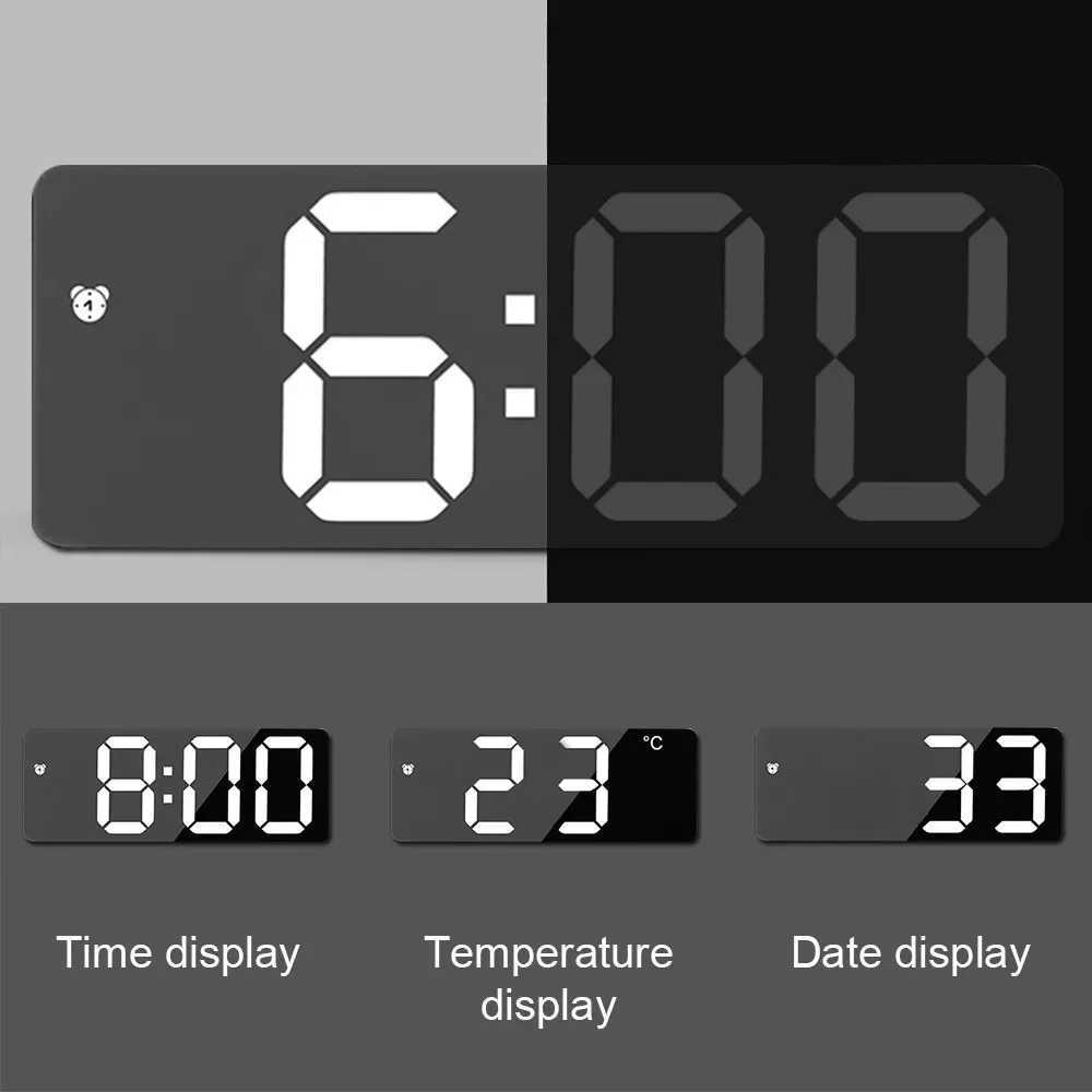 Smart Alarm Clock Bedside Table Led Alarm Clock Digital Childrens Electronic Alarm Clock Curved Screen Mirror Temperature D260318