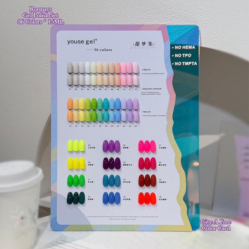 Youse Gel Sweet Dreams Collection 36 Colors Macaron Candy Fluorescent Neon Gel Nail Polish Set, Soak Off UV LED for Nail Art DIY