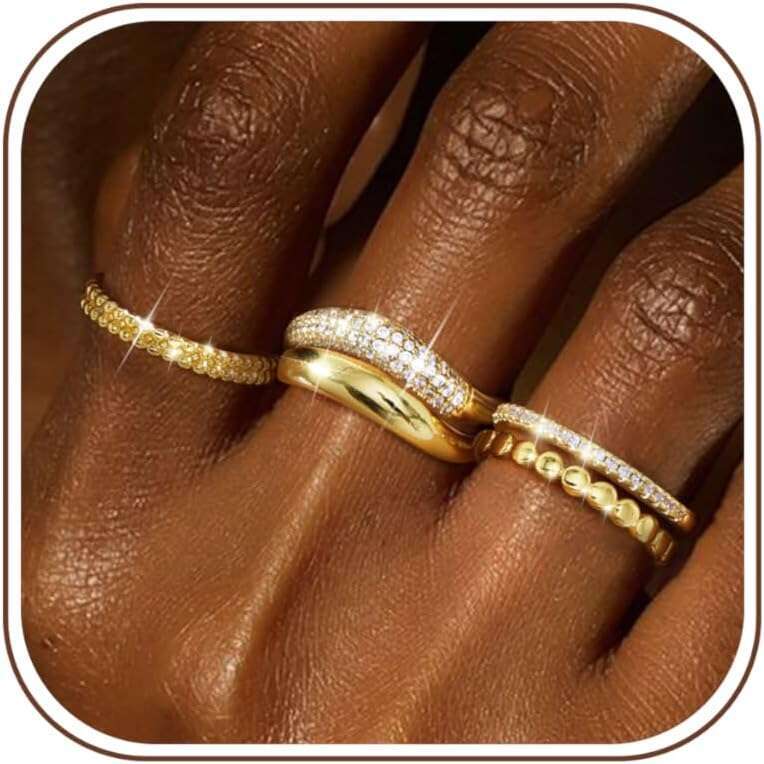 Ring Women Non Tarnish Dainty 14K Gold Plated Stacking Cubic Zirconia Thumb Ring Set Trendy Statement Chunky Band Promise Engagement Band Rings Size 6