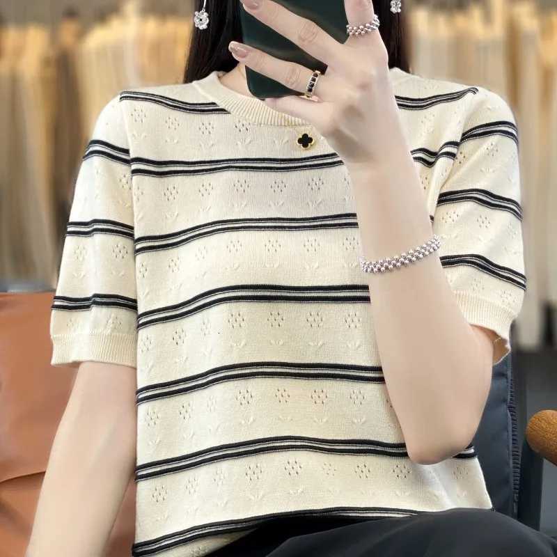 Summer 100 cotton womens T-shirt casual hollow striped knitted pullover short sleeved loose round neck Tees Pull On vest TopsT260317