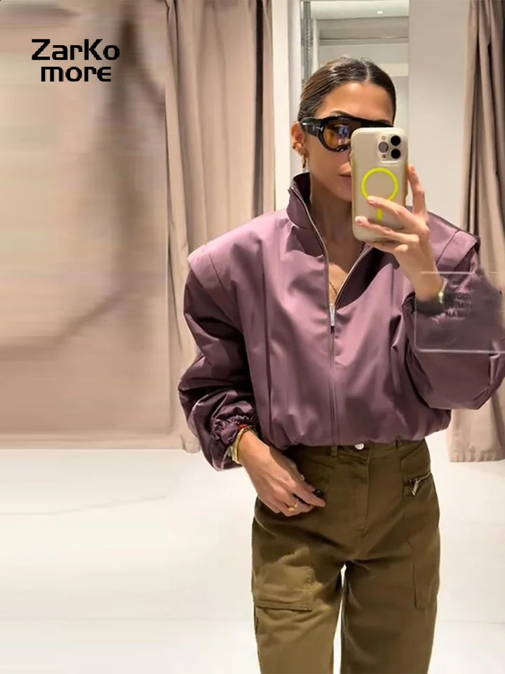 Fashion Y2K Satin Bomber Jacket Women Mauve Puff Sleeve Cropped Zip Up Casual Outerwear 2026 Spring Lady Chic Street Coats 260318